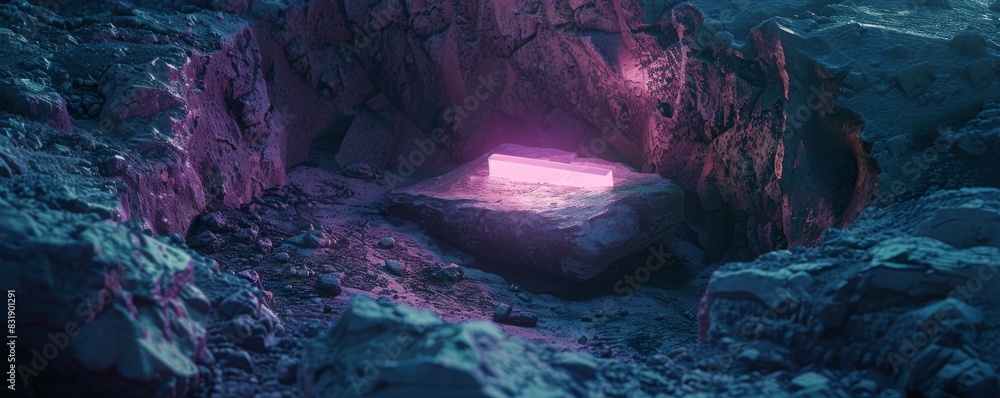 Delve into an ancient alien excavation site with futuristic digging tools, illuminated by a glowing relic Show a mysterious unearthed artifact in CG 3D
