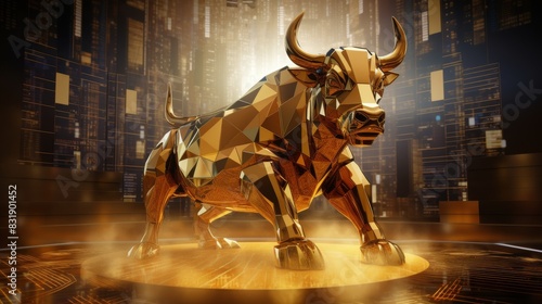 A majestic golden market bull statue, surrounded by a mosaic of ascending stock charts, rendered in photorealistic 3D, reflecting sunlight for a sense of optimism and success