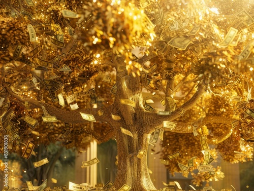 A majestic golden tree with dollar bills as leaves, photorealistic detail, shimmering in the sunlight, intricate and lush, conveying prosperity and growth © Pornarun
