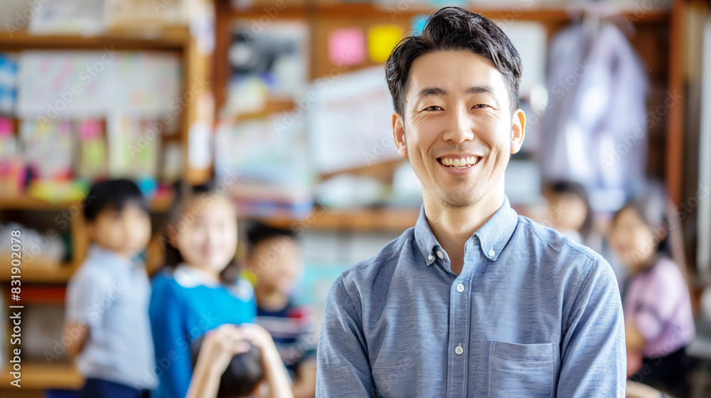 Fototapeta premium 笑顔の小学校のアジア系男性の先生 Asian male teacher in Elementary school