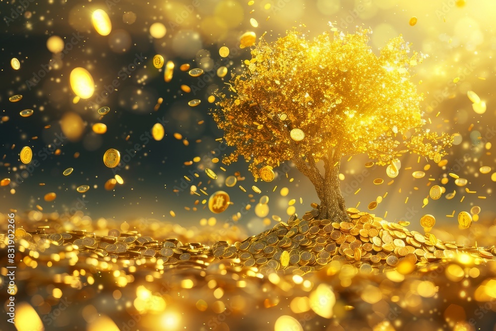 A golden coin tree in full bloom, surrounded by floating shiny coins, photorealistic digital art, vibrant and dynamic, symbolizing financial success