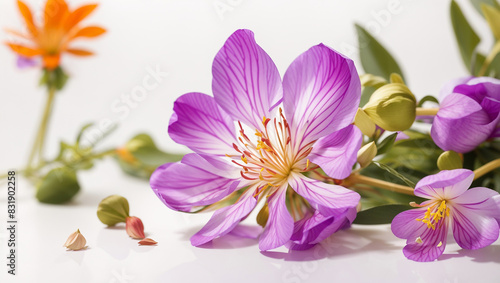 a purple flower with yellow stamen  and green leaves on a white background.