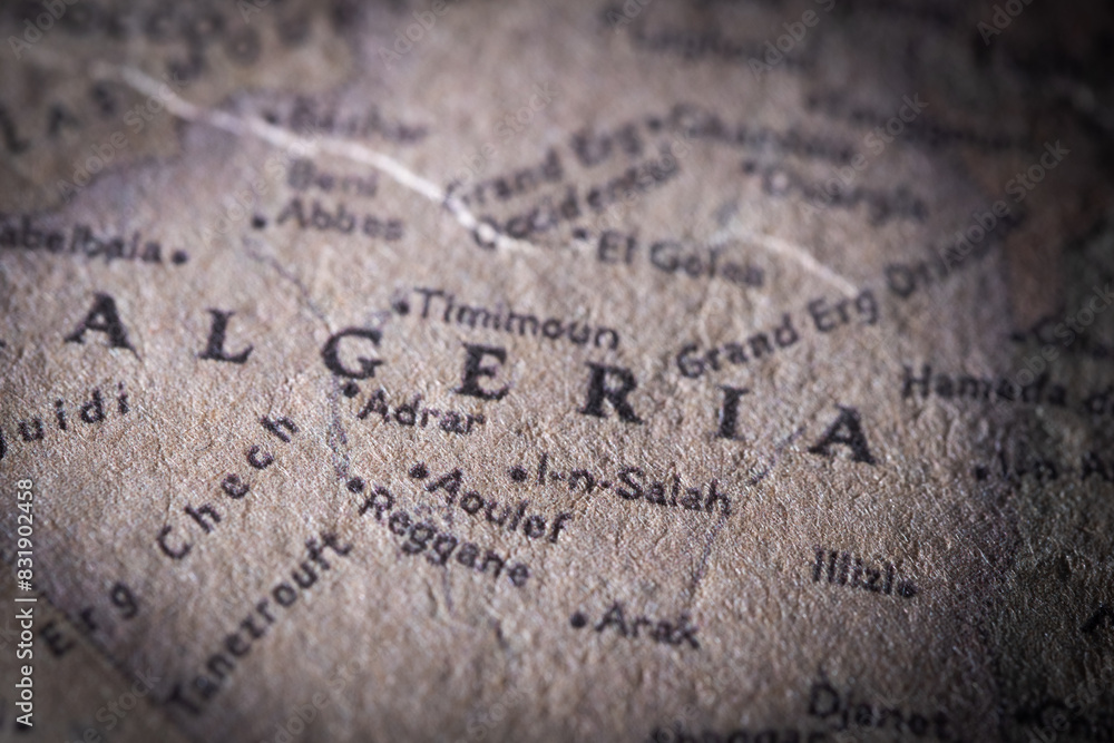 Country Algeria on map. Closeup name country. Country Algeria on map. Closeup name country.