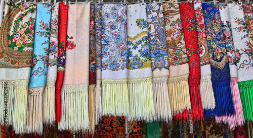 Turkmenistan. Ashkhabad market. Female kerchiefs with traditional ornament