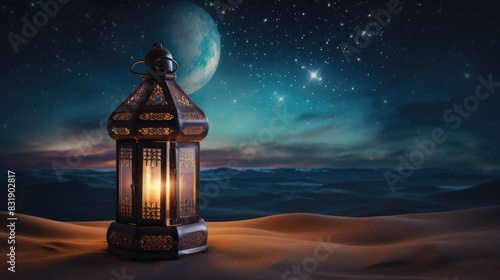 Lanterns stands in the desert at night sky  lantern islamic Mosque  crescent moon Ramadan Kareem themed illustration background