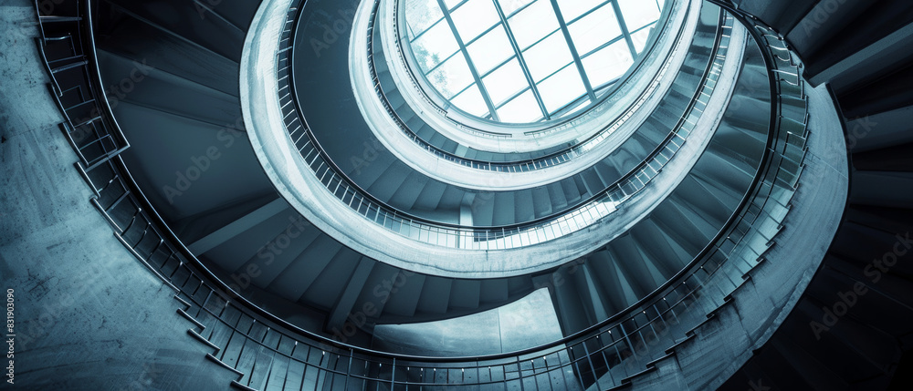 Obraz premium Spiral staircase in monochrome tones, emphasizing architectural form.