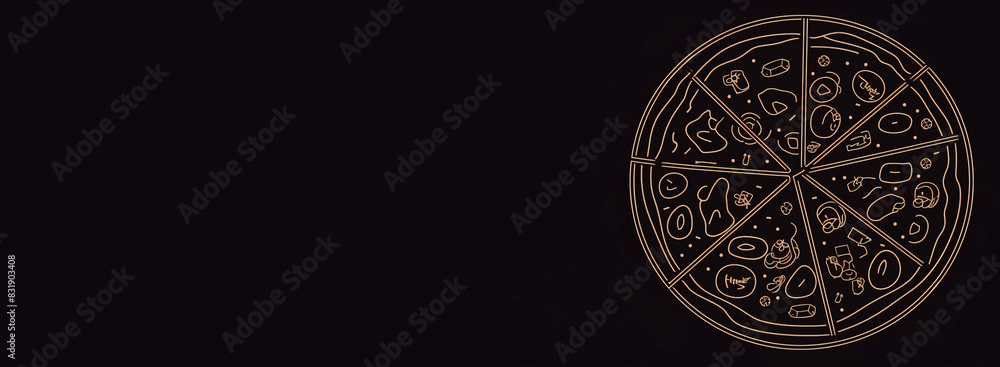 Fototapeta premium Pizza sliced, graphic contour illustration on a dark black background, isolate. AI generated.