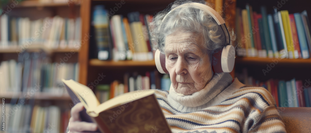 Elderly woman lost in a book, tuning the world out with headphones. Elderly woman lost in a book, tuning the world out with headphones.
