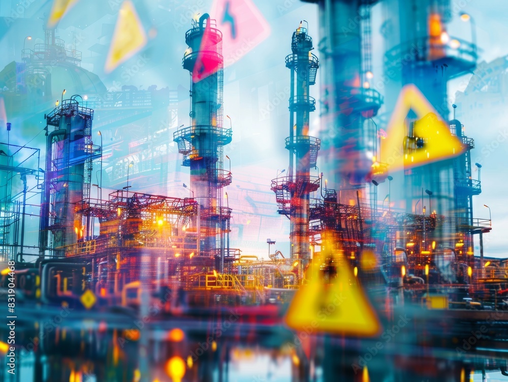 Safety protocols in oil refinery close up, focus on, copy space, vibrant colors, Double exposure silhouette with safety signs
