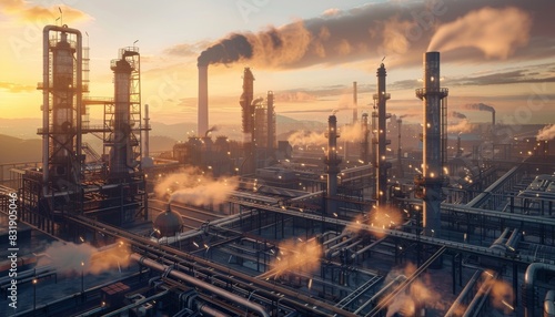 A photorealistic depiction of a massive industrial factory at dusk photo