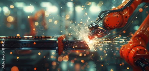 Close-up of a robotic arm welding in a factory, sparks flying, detailed precision of mechanical joints, vivid metallic surfaces, high-resolution photorealistic digital rendering © Pornarun