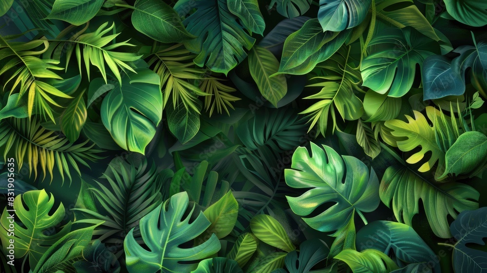 Tropical leaves background, banner with green floral pattern Tropical leaves background, banner with green floral pattern
