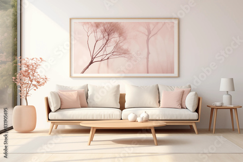 Elegant living room interior with soft pink accents and stylish furniture