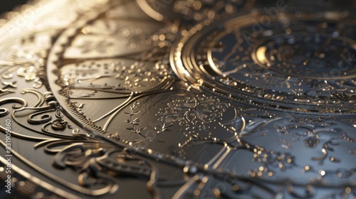 A highly detailed CG 3D render of a metalworker engraving intricate patterns on a silver plate