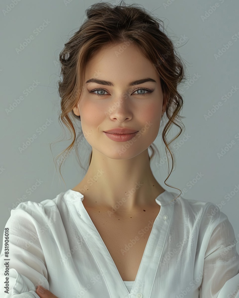a portrait of an executive woman smiling gently, lightskin woman with sophisticated clotinhg, low depth of field, isolated on light gray background, a portrait of an executive woman smiling gently, lightskin woman with sophisticated clotinhg, low depth of field, isolated on light gray background,