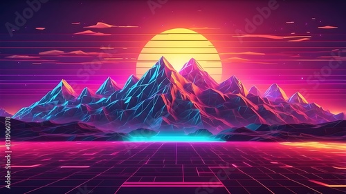 The futuristic neon retrowave background comes with a set of glowing outrun sun illustrations, accompanied by a retro grid wireframe mountain terrain and low poly grid wireframe landscape photo