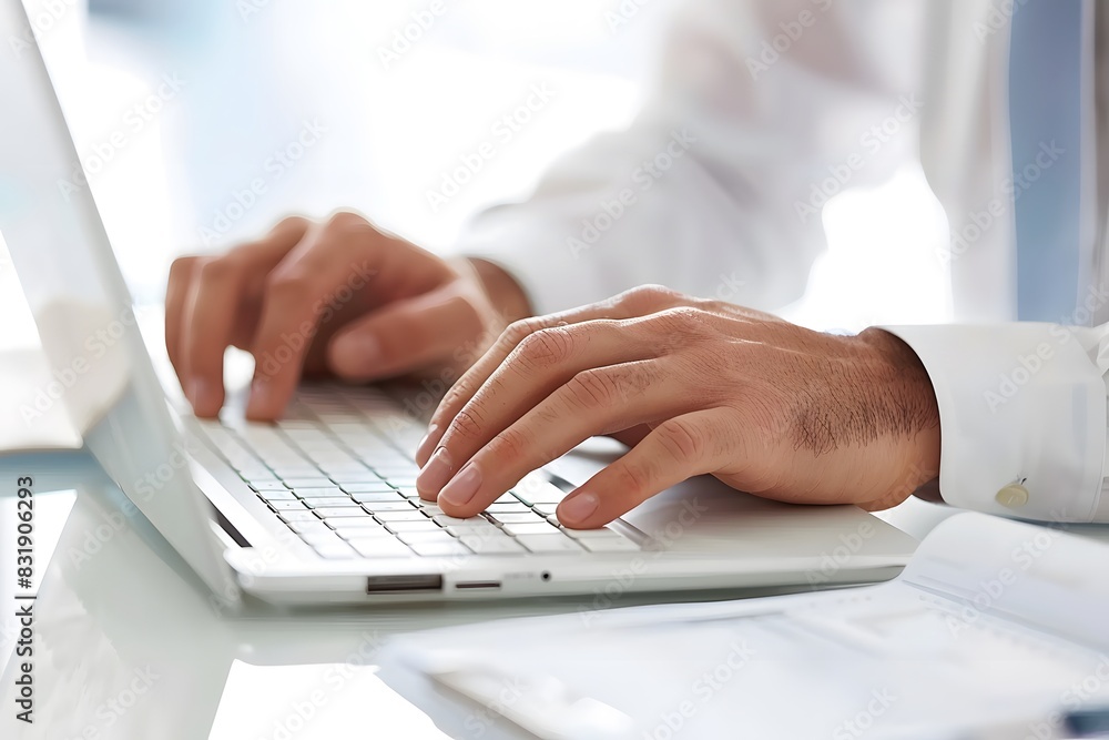 A closeup of hands typing on an open laptop A closeup of hands typing on an open laptop