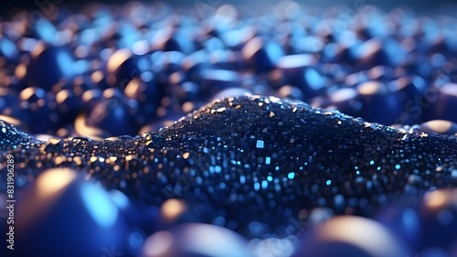 The background is rendered in 3D with bokeh and depth of field and particles form a microcosm or a surface grid. Blue V13. photo