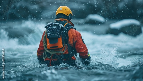 Rescue Worker in Rapids Wearing Safety Gear