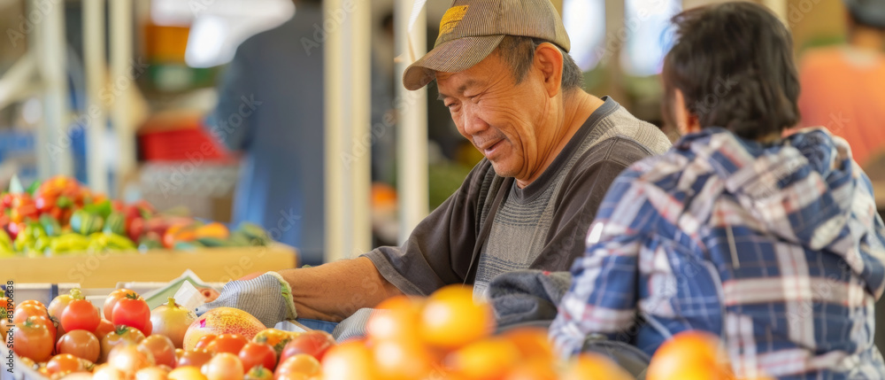 Friendly vendor conversing with a shopper while selecting fruits at a vibrant market stall. Friendly vendor conversing with a shopper while selecting fruits at a vibrant market stall.