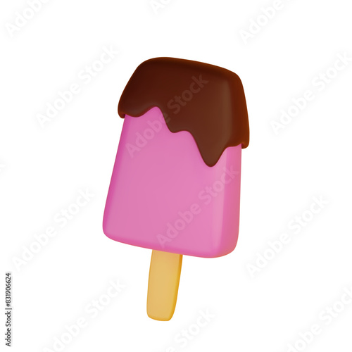 Fruit sundae ice cream  on wood stick, drizzled with chocolate syrup isolated on white background. 3d vector illustration