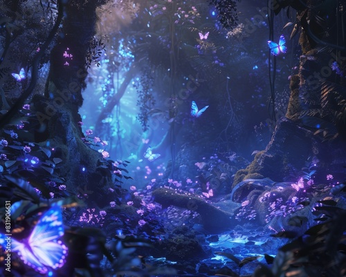 Create a mystical ethereal forest with magical glowing flora