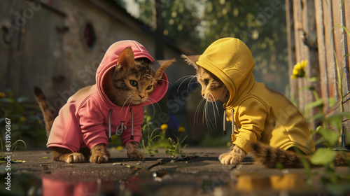 Two cute cats wearing pink and yellow hoodies, standing on the ground from a side angle, looking at a cute little girl. Realistic, the cats stand anthropomorphized, high-defi