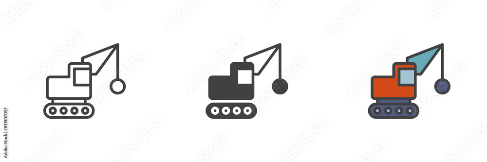 Wrecking ball truck different style icon set Wrecking ball truck different style icon set