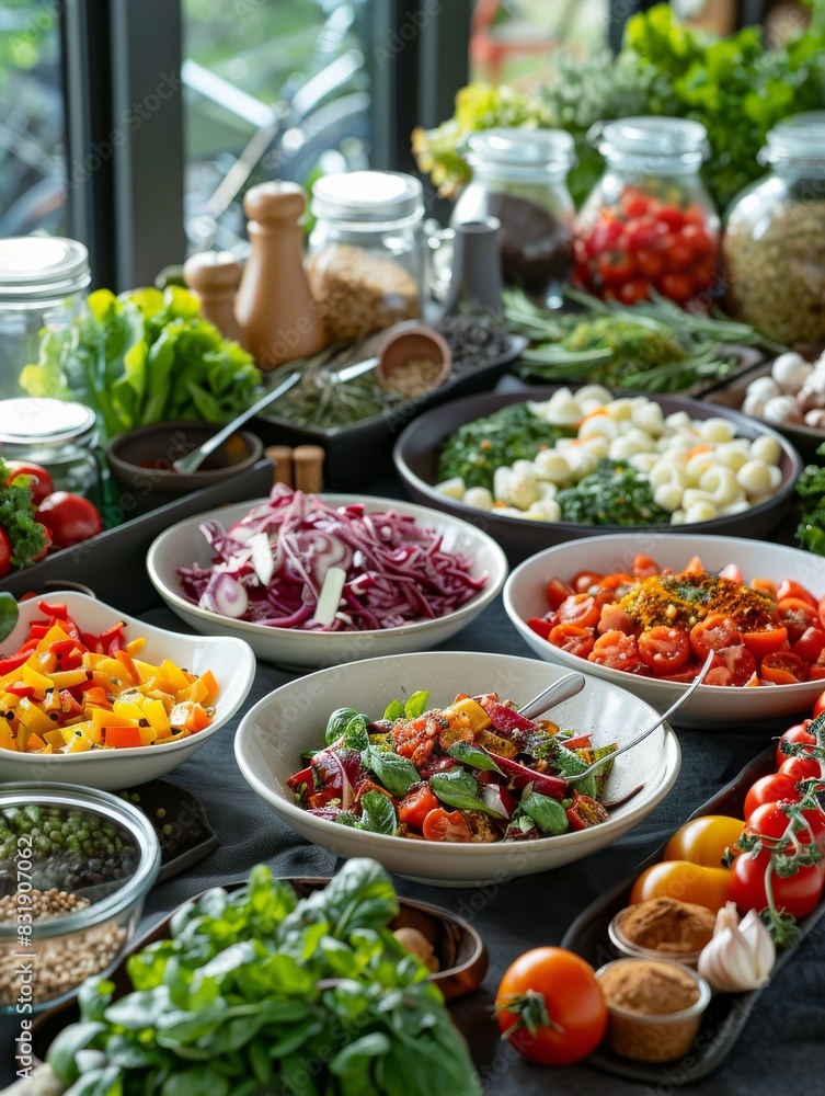 A well-appointed buffet of diverse fresh salads in various bowls A well-appointed buffet of diverse fresh salads in various bowls
