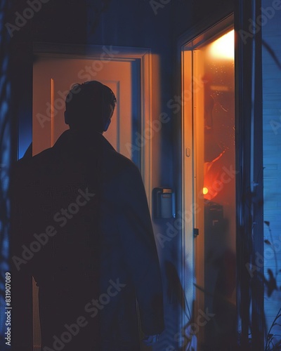 a shot of a young male leaving his apartment opening the door Shot on 35mm kodak portra 400 film, hyperrealistic photo