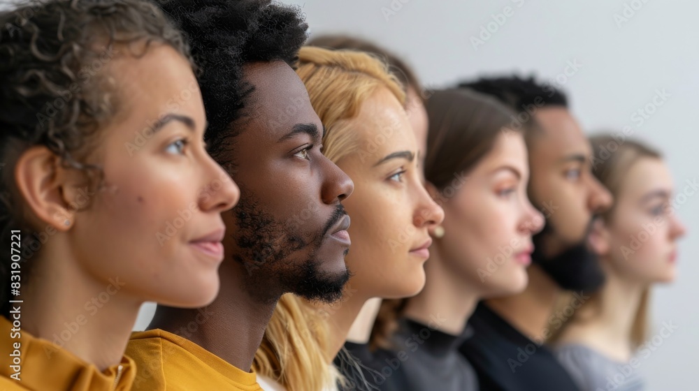 Profile of a multicultural group of people in focus, showing diversity and unity Profile of a multicultural group of people in focus, showing diversity and unity
