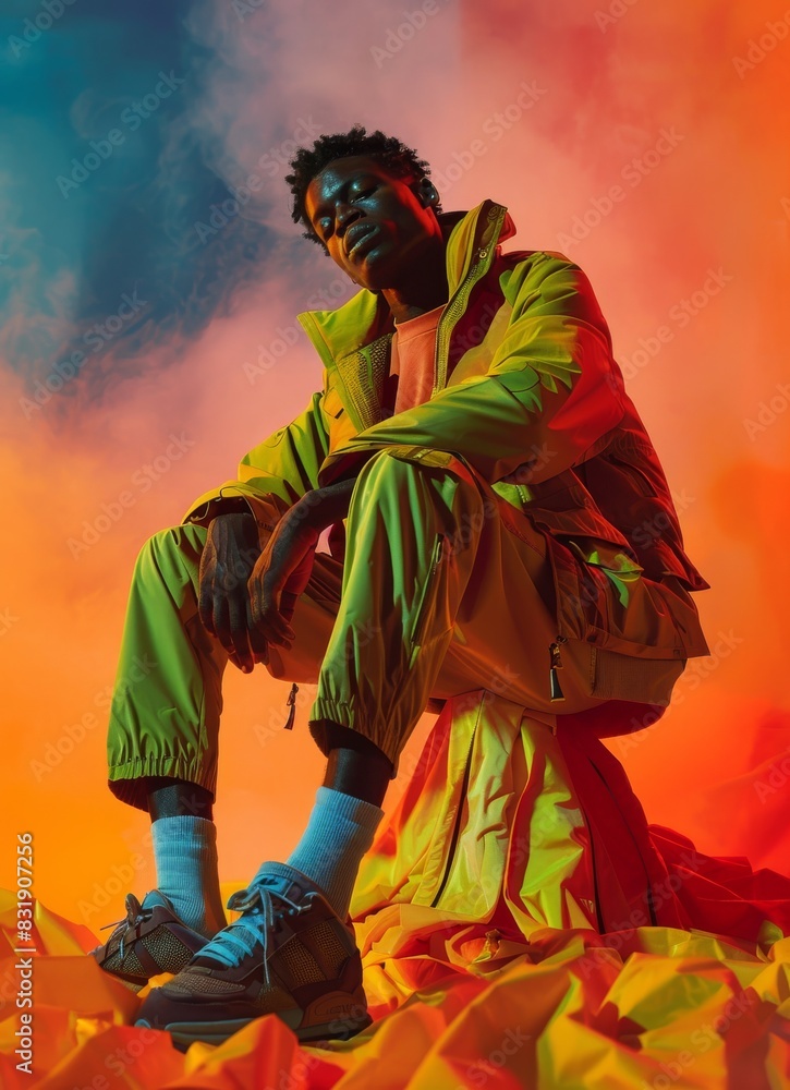 Fototapeta premium A person dressed in vividly colored clothes sits among crumpled paper, giving a striking visual effect