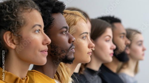 Profile of a multicultural group of people in focus, showing diversity and unity