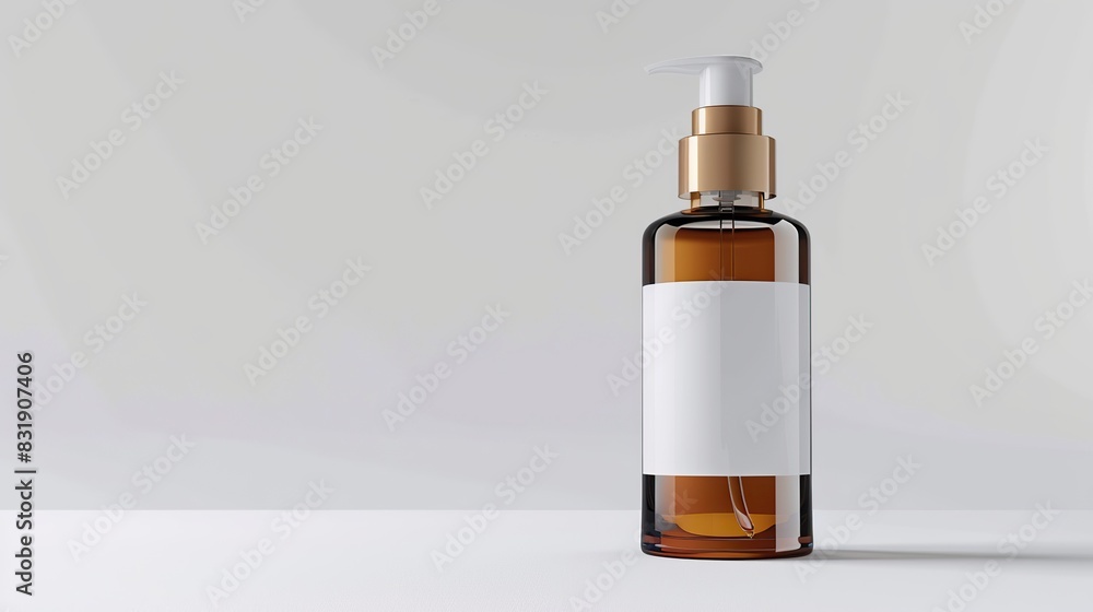 Cosmetic mockup transparent amber spray bottle with clear color liquid inside, with blank white label, product 3d render, blender render, cycles render. copy space for text.