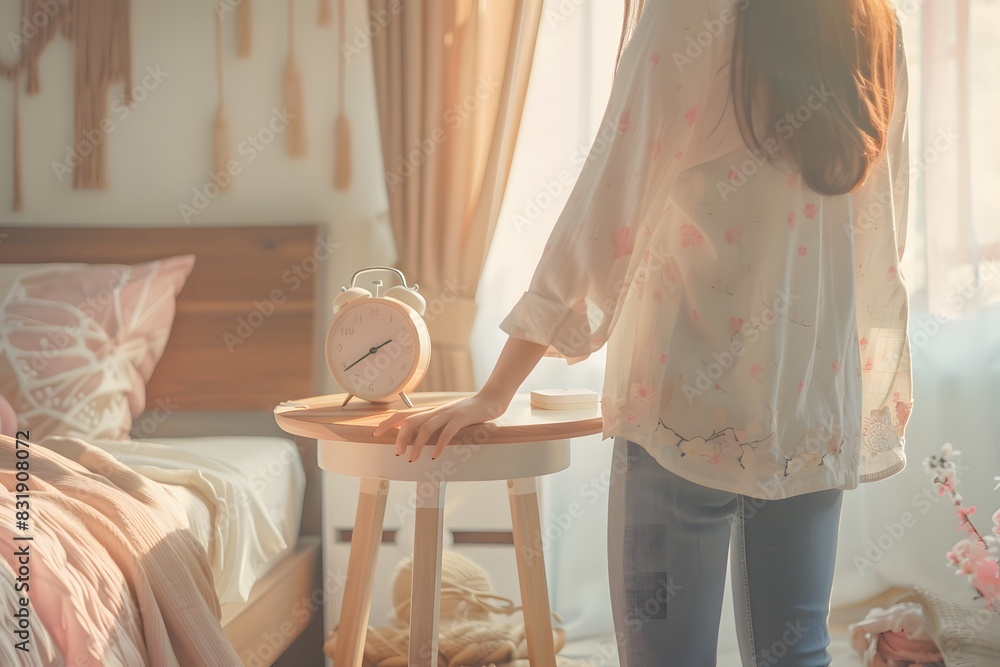 girl morning routine. A woman is standing next to an unmade bed with pink bedding, reaching out for an alarm clock on a bedside table. girl morning routine. A woman is standing next to an unmade bed with pink bedding, reaching out for an alarm clock on a bedside table.