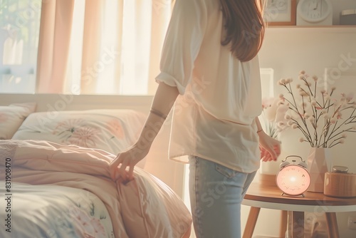 girl morning routine. A woman is standing next to an unmade bed with pink bedding, reaching out for an alarm clock on a bedside table.