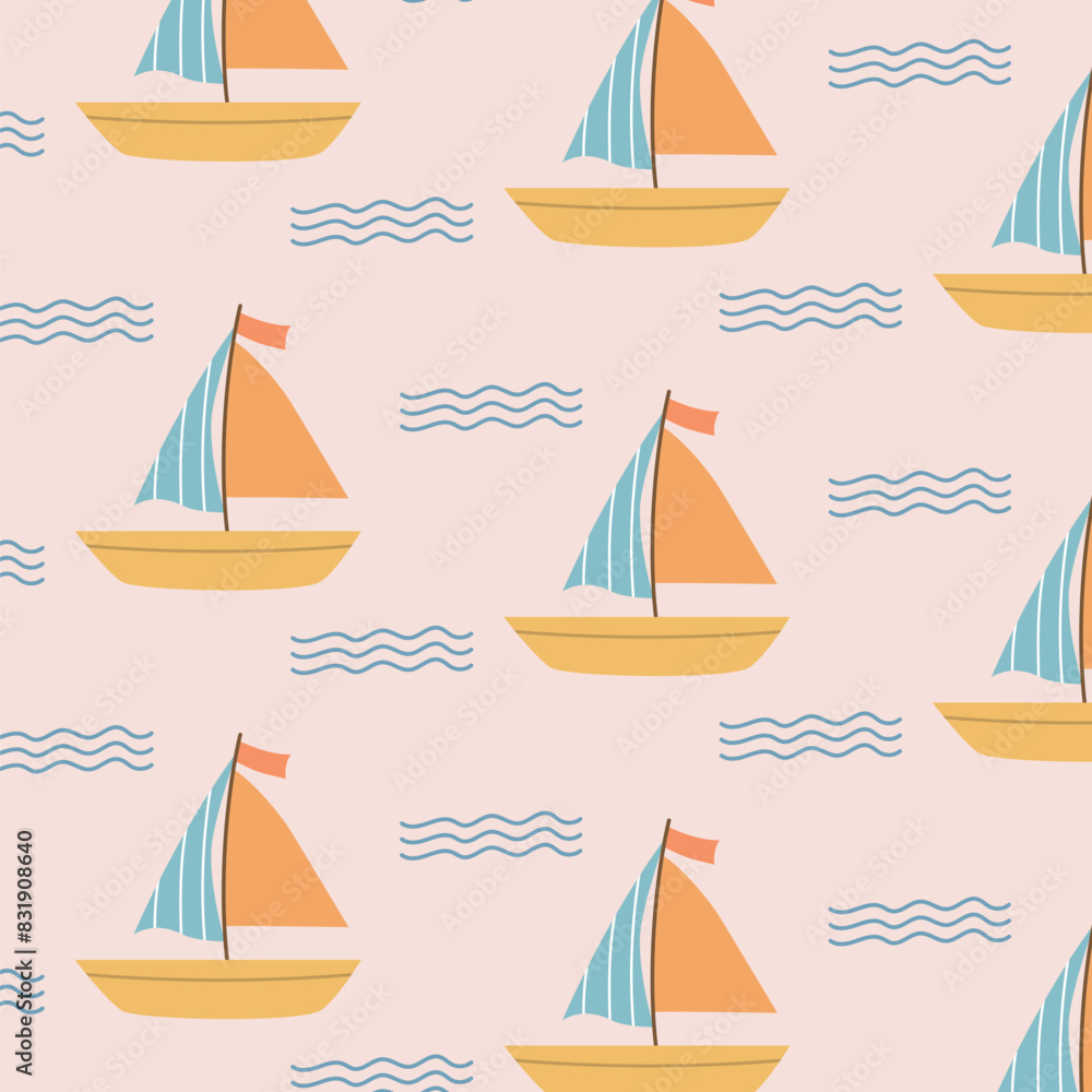 Seamless pattern with sailing boats, sea background, cute sea pattern for fabric, baby clothes, backdrop, textile, wrapping paper and other decorations