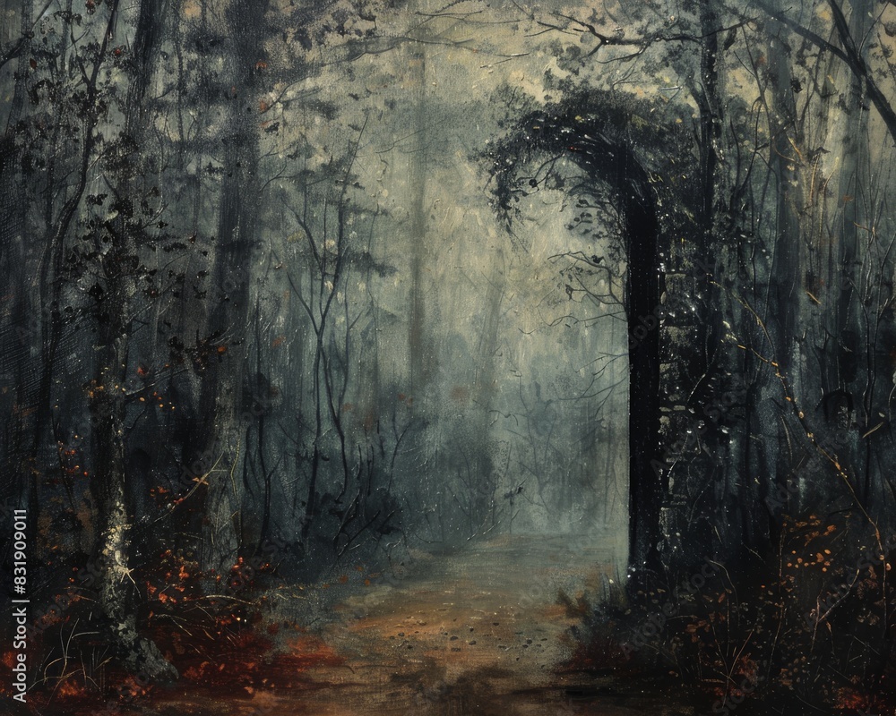 Fototapeta premium Capture the essence of a mysterious doorway in a dark, foggy forest, invoking an eerie and intriguing feeling, rendered in realistic oil paint