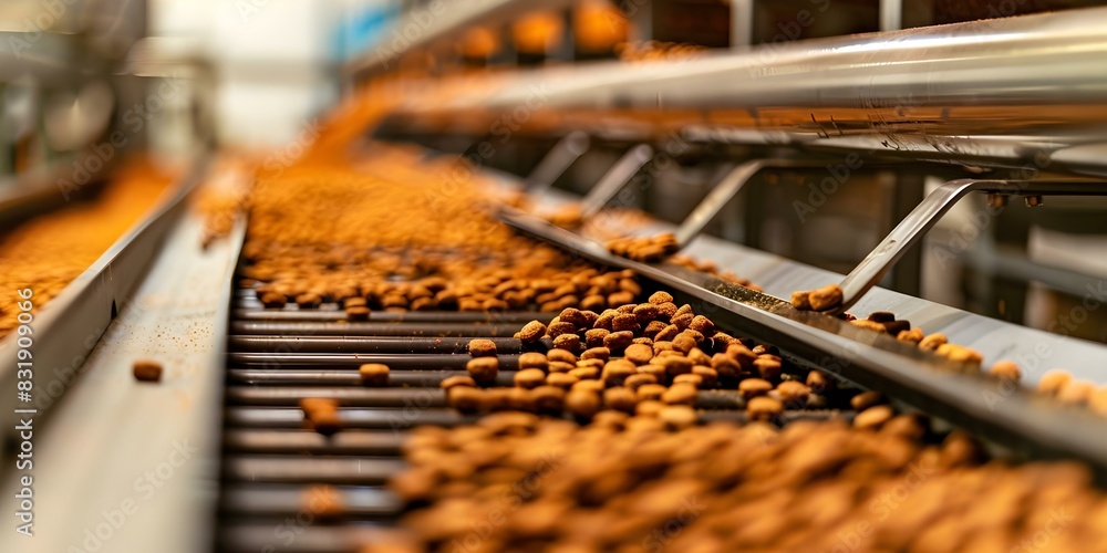 Production facility making dry pet food pellets for dogs and cats. Concept Pet Food Production, Dry Pet Food, Pet Food Facility, Pet Food Processing, Dog and Cat Food pellets Production facility making dry pet food pellets for dogs and cats. Concept Pet Food Production, Dry Pet Food, Pet Food Facility, Pet Food Processing, Dog and Cat Food pellets