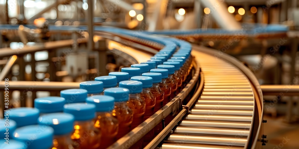 Obraz premium Factory conveyor line with blue caps for bottling milk in a dry plant. Concept Milk Bottling Process, Factory Equipment, Food Packaging, Dry Plant Operations, Blue Caps on Bottles