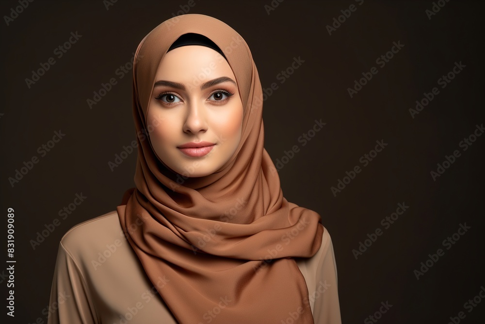 A woman wearing a brown scarf and a brown shirt A woman wearing a brown scarf and a brown shirt