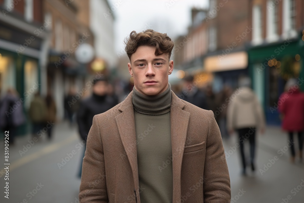 A man in a brown coat and a green sweater stands in the middle of a busy street A man in a brown coat and a green sweater stands in the middle of a busy street