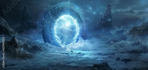 Craft a scene of a mysterious portal crackling with otherworldly energy, surrounded by foreboding runes and swirling mist, akin to a digital 3D artwork with intricate details photo
