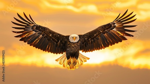 front view shot of a bald eagle flying with open claws in a golden clear sky. copy space for text. photo