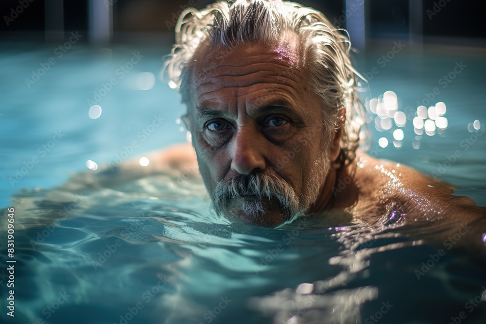 Fototapeta premium A man with a mustache is swimming in a pool