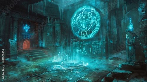Craft a visually stunning depiction of a hidden chamber filled with glowing runes and symbols inscribed on walls, evoking a sense of enigmatic power and ancient knowledge