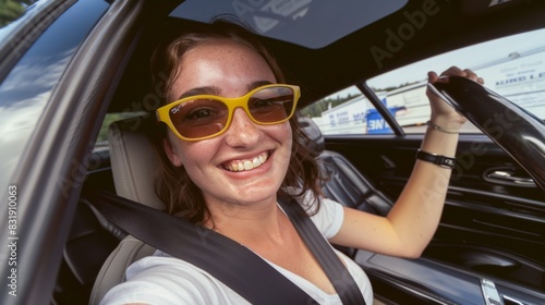 A woman is smiling and wearing sunglasses while sitting in a car. Scene is happy and carefree © Дмитрий Симаков