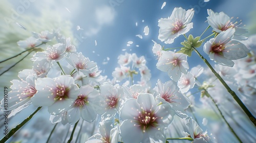 A beautiful image of pink flowers floating in the air with a clear blue sky in the background. The flowers are scattered all over the sky, creating a sense of freedom and lightness photo