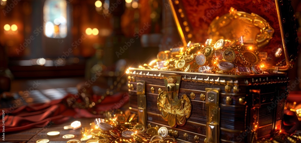 A dynamic 3D render of a treasure chest bursting open with gems