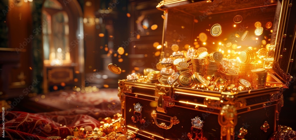Obraz premium A dynamic 3D render of a treasure chest bursting open with gems